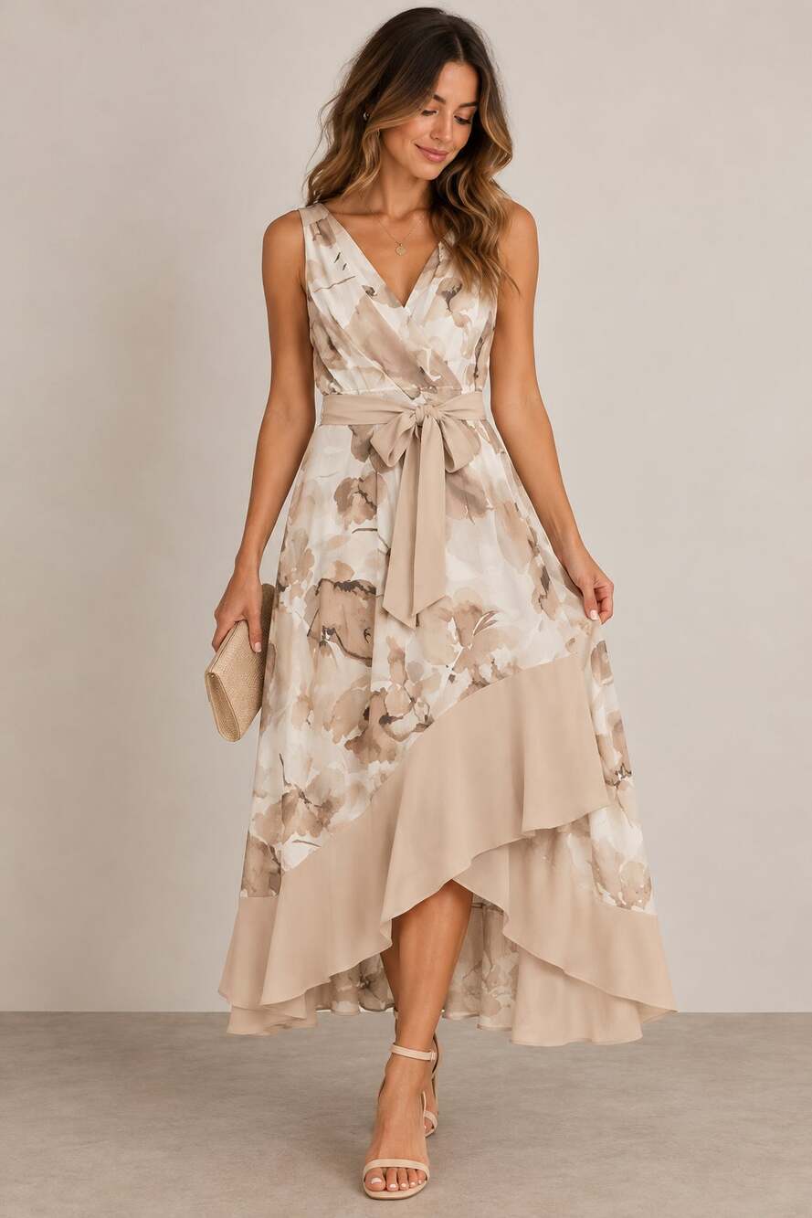 Harper Rose Size 16 Beige Floral Midi Wrap Dress Sleeveless Belted Wedding Guest
